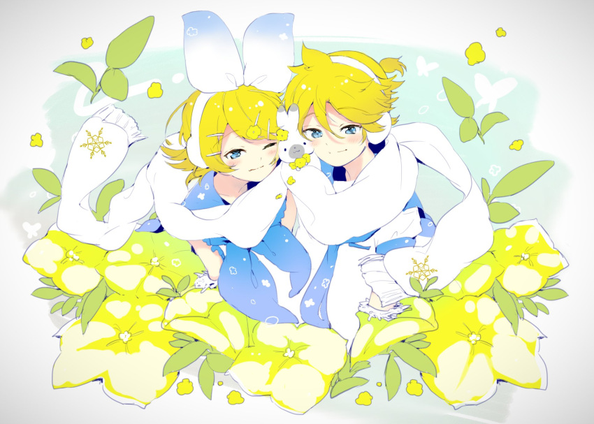 1boy 1other blonde_hair blue_neckwear blush bow bug butterfly cheek_press commentary earmuffs earphones female floral_print flower hair_ornament hairbow hairclip highres kagamine_len kagamine_rin leaf looking_at_viewer neckerchief necktie one_eye_closed oversized_flower oyamada_gamata petunia_(flower) rabbit rabbit_yukine sandwiched scarf shared_earphones shirt short_hair smile snowflake_print vocaloid white_bow white_scarf white_shirt yellow_flower yuki_len yuki_rin