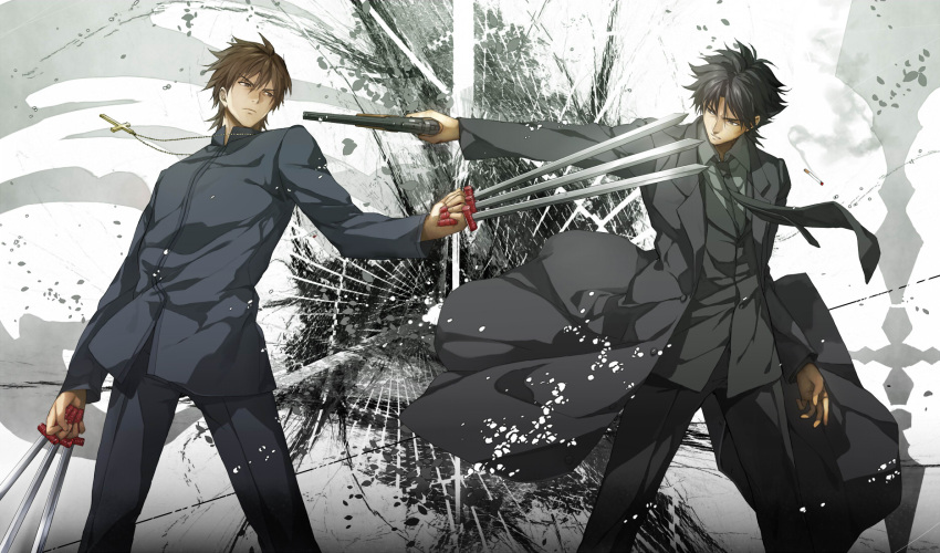 2boys aiming at_gunpoint bad_id bad_pixiv_id between_fingers black_coat black_hair black_jacket black_keys_(type-moon) brown_eyes brown_hair cassock cigarette coat command_spell confrontation cross cross_necklace dropping dual_wielding emiya_kiritsugu eye_contact facial_hair fate/zero fate_(series) formal gun habit handgun highres holding holding_weapon jacket jewelry komecchi kotomine_kirei layered_clothes looking_at_another looking_to_the_side male_focus mexican_standoff multiple_boys multiple_swords necklace necktie nun overcoat parted_lips serious smoke stubble suit thompson/center_contender weapon