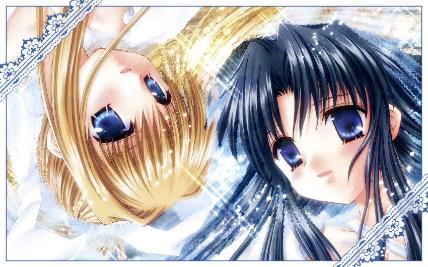 2girls air_(visual_novel) black_hair blonde_hair blue_eyes commentary_request highres kamio_misuzu kawana_misaki long_hair multiple_girls one_-_kagayaku_kisetsu_e ponytail sato-pon