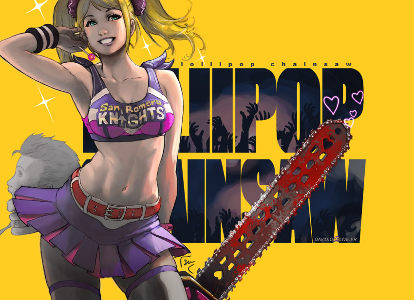 1boy belt blonde_hair blood blue_eyes candy chainsaw cheerleader clothes_writing commentary_request crop_top david_semsei female food grin heart juliet_starling lollipop lollipop_chainsaw midriff navel nick_carlyle photoshop_(medium) severed_head smile thighhighs twintails wristband