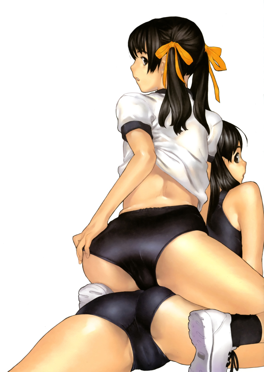 2girls absurdres ankle_socks ass ass_focus back bare_shoulders black_buruma black_eyes black_hair black_socks buruma cameltoe clothes_lift from_behind gym_uniform hair_ribbon hakua_ugetsu highres looking_at_viewer looking_back lying multiple_girls on_side original parted_lips photoshop_(medium) ribbon school_swimsuit shirt_lift shoes simple_background sneakers socks straddling swimsuit trefoil twintails white_background