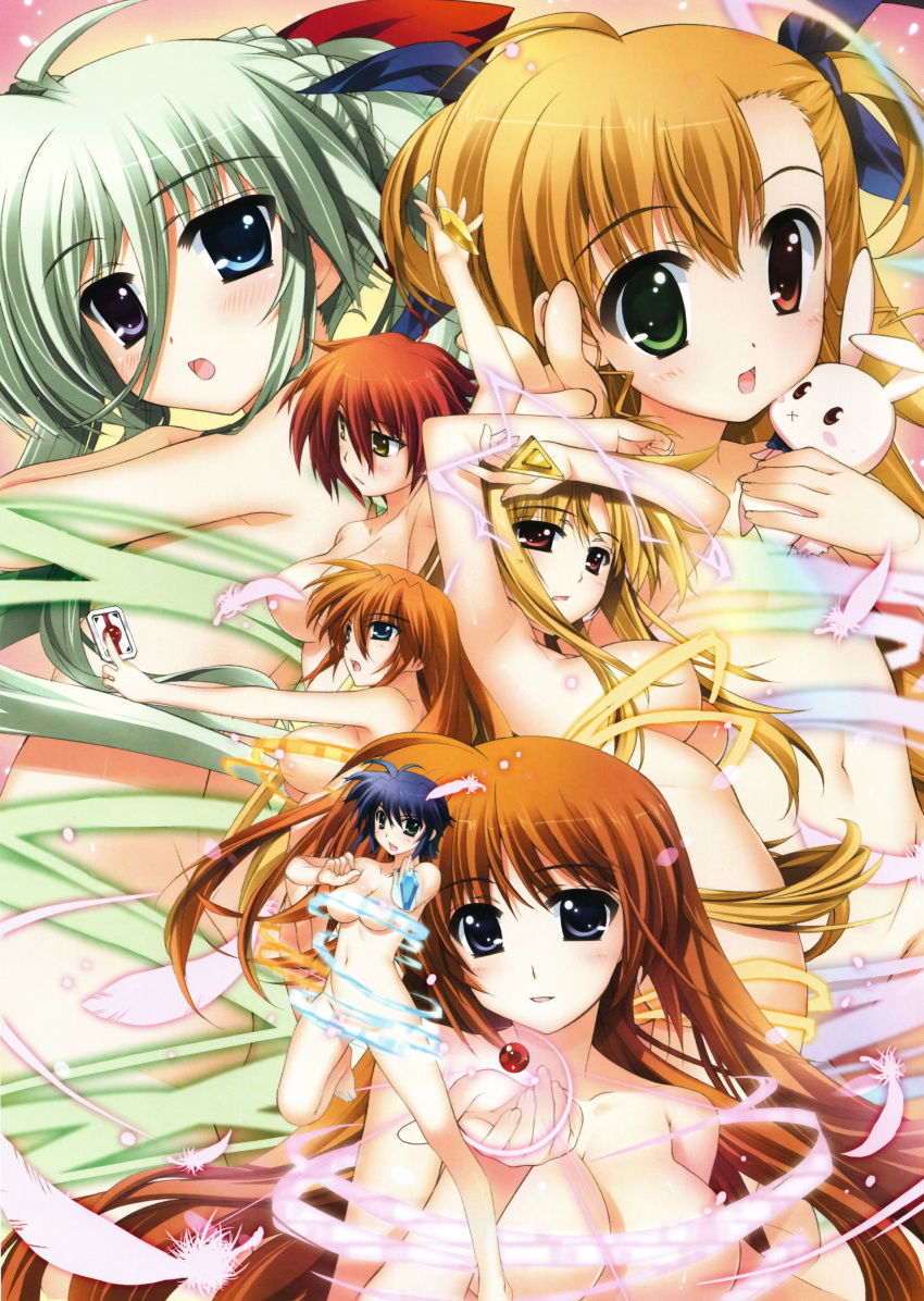 6+girls absurdres bardiche_(nanoha) bardiche_(standby_form)_(nanoha) barefoot blonde_hair blue_eyes breasts brown_hair cross_mirage einhard_stratos fate_testarossa feathers fujima_takuya green_eyes green_hair heterochromia highres large_breasts lyrical_nanoha mach_caliber mahou_shoujo_lyrical_nanoha_vivid multiple_girls navel nove_(nanoha) nude numbers_(nanoha) official_art orange_hair purple_eyes raising_heart raising_heart_(standby_mode) red_eyes red_hair sacred_heart scan subaru_nakajima takamachi_nanoha teana_lanster vivio yellow_eyes