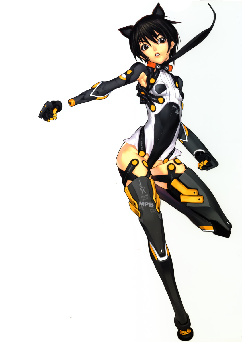 absurdres animal_ears armpits black_hair black_thighhighs bodysuit boots brown_eyes cyborg female hakua_ugetsu highres looking_at_viewer mecha_musume original parted_lips photoshop_(medium) short_hair simple_background solo thigh_boots thighhighs white_background