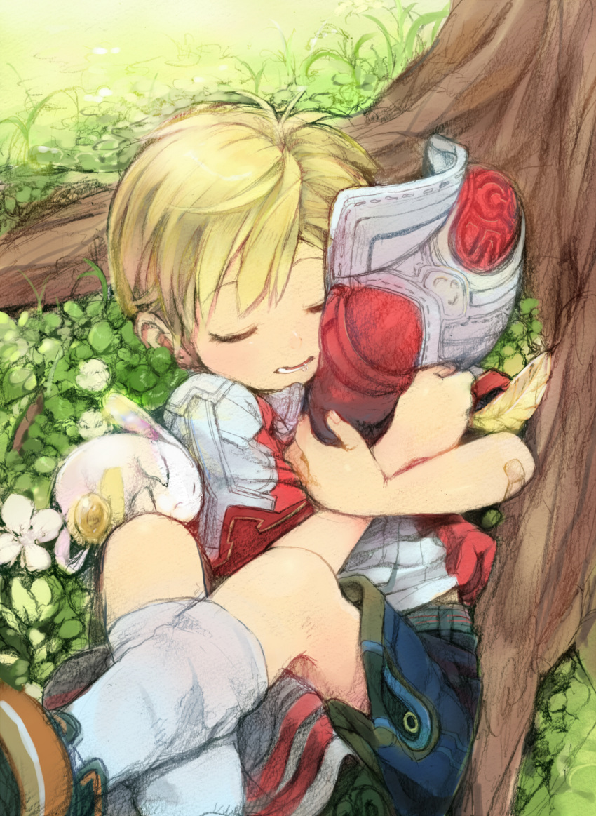 1boy bandaid bandaid_on_arm blonde_hair blue_eyes blue_shorts closed_eyes clover clover_(flower) commentary_request creature crossed_ankles day drooling elebits facing_viewer feathers feet_out_of_frame flower four-leaf_clover from_above grass hat highres hugging_object legs_up lolicon lying male_focus nature on_back on_ground parted_lips saliva shiogochi shoes short_sleeves shorts sleeping socks solo tree under_tree unworn_hat unworn_headwear white_flower white_socks