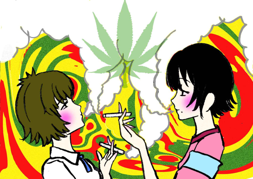 2girls armband black_hair black_rock_shooter blush drugs highres irino_saya koutari_yuu leaf marijuana mole multiple_girls psychedelic short_hair smoke smoking