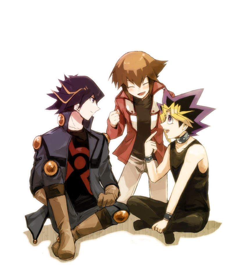 3boys brown_hair clenched_hand closed_eyes commentary_request duel_academy_uniform_(yu-gi-oh!_gx) dyed_bangs fudo_yusei highres jacket medu_(rubish) multicolored_hair multiple_boys muto_yugi pointing purple_eyes simple_background sitting streaked_hair white_background yu-gi-oh! yu-gi-oh!_5d's yu-gi-oh!_duel_monsters yu-gi-oh!_gx yuki_judai