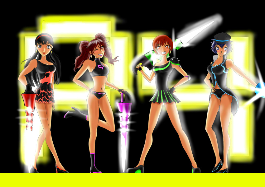 4girls absurdres amagi_yukiko atlus gloves hat high_heels highres hori_shin kujikawa_rise lipstick long_hair makeup multiple_girls persona persona_4 satonaka_chie shirogane_naoto shoes short_hair taputya twintails weapon weapons wink