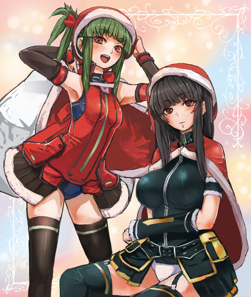 2girls bare_shoulders beatmania_iidx belt black_hair black_legwear breasts capelet commentary_request detached_sleeves garter_straps green_hair hat highres hinazuki_ririna hishimiya_tsugaru large_breasts long_hair multiple_girls open_mouth panties ponytail pouch red_eyes sack santa_hat smile taishi_(picchiridou) thighhighs underwear white_panties