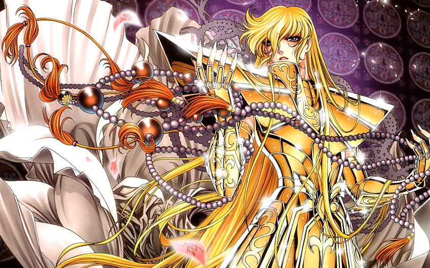 1boy androgynous armor beads blonde_hair brown_eyes gauntlets gimp_(medium) gold gold_armor gold_cloth gold_saint hair_between_eyes highres long_hair male_focus mandala pauldrons prayer_beads saint_seiya shoulder_armor solo tassel very_long_hair virgo_shaka