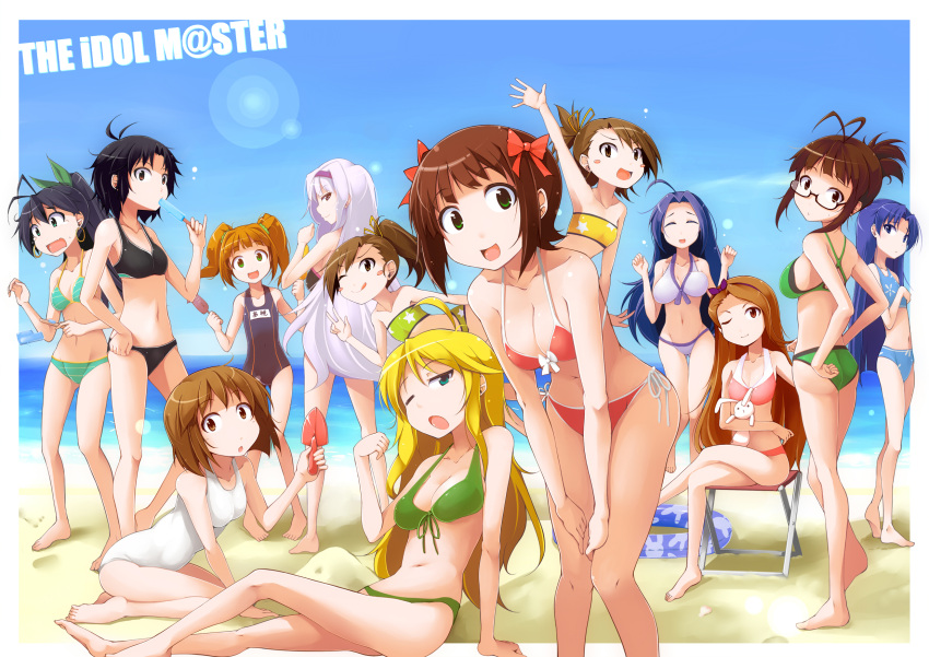 barefoot beach bikini brown_hair idolmaster popsicle shachi_kamaboko swimsuit tagme