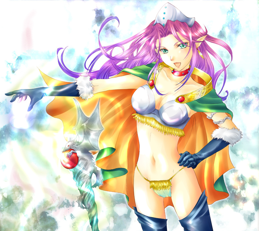 angela_(seiken_densetsu_3) bikini breasts cape cleavage commentary_request earrings female gloves green_eyes hand_on_own_hip hat highres jewelry large_breasts long_hair magus_(seiken_densetsu_3) midriff navel open_mouth pointy_ears purple_hair ruri_(magnolia) seiken_densetsu seiken_densetsu_3 staff swimsuit thighhighs thighs