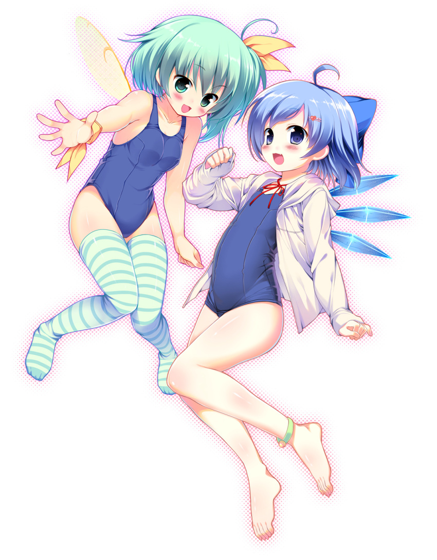 2girls ahoge alternate_hairstyle anklet artistic_error barefoot blue_eyes blue_hair blush bow breasts cirno commentary_request daiyousei fairy_wings flat_chest green_eyes green_hair green_legwear hair_ornament hair_ribbon hairbow hairpin highres ice ice_wings jewelry long_hair multiple_girls oerba_yun_fang one-piece_swimsuit open_clothes open_mouth open_shirt photoshop_(medium) pikazo ribbon school_swimsuit shirt short_hair side_ponytail small_breasts striped_clothes striped_thighhighs swimsuit thighhighs touhou wings