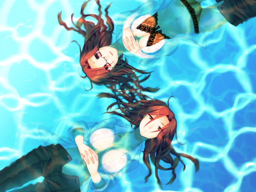 2girls aozaki_touko bad_id bad_pixiv_id bra commentary_request dual_persona highres kamehima kara_no_kyoukai lingerie long_hair midriff multiple_girls navel partially_submerged red_eyes red_hair underwear water