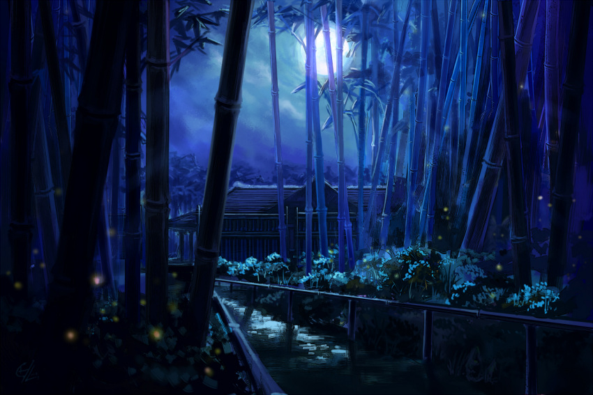 bamboo blue_theme building c.z. commentary_request eientei eyes_in_shadow forest full_moon gensokyo glowing glowing_eyes imperishable_night inaba_tewi moon nature night night_sky no_humans outdoors scenery sky solo touhou tree when_you_see_it