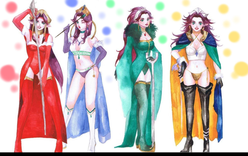 angela_(seiken_densetsu_3) arch_mage_(seiken_densetsu_3) bad_id bad_pixiv_id bikini boots breasts cape choker cleavage corrupted_metadata costume_chart dress earrings elbow_gloves female gloves grand_devina green_eyes hair_tubes hat high_heels imouto_hitori jewelry leotard lipstick long_hair magus_(seiken_densetsu_3) makeup medium_breasts midriff multiple_persona necklace painting_(medium) pointy_ears purple_hair red_leotard rune_master seiken_densetsu seiken_densetsu_3 shoes staff swimsuit thigh_boots thighhighs traditional_media wand watercolor_(medium)