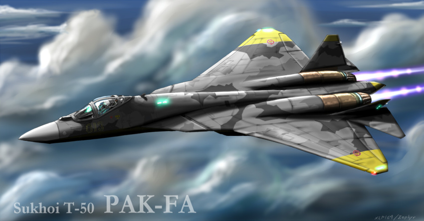 ace_combat ace_combat_04 afterburner aircraft airplane artist_name cloud cockpit commentary_request fighter_jet flying helmet jet military military_vehicle no_humans pilot_suit realistic su-57 vehicle_focus yellow_13 yellow_squadron zephyr164