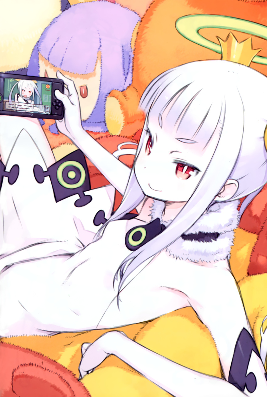 absurdres albino armpits bare_shoulders blunt_bangs boots crown dress elbow_gloves female flat_chest gloves halo handheld_game_console hat highres kuroboshi_kouhaku long_hair looking_at_viewer meta official_art palette_(character) playing_games red_eyes scan sitting skirt smile solo thigh_boots thighhighs twintails white_dress white_gloves white_hair white_thighhighs yumeiro_happy_end