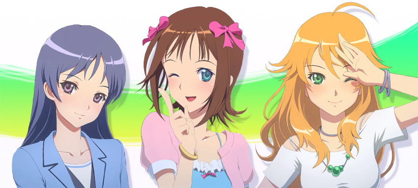 3girls ahoge amami_haruka bad_id bad_pixiv_id blonde_hair blue_eyes blue_hair blush bow bracelet brown_hair green_eyes hoshii_miki idolmaster idolmaster_(classic) jewelry kisaragi_chihaya long_hair matsudo_aya multiple_girls necklace one_eye_closed purple_eyes short_hair smile upper_body