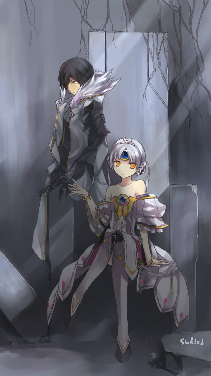 1boy artist_name bad_id bad_pixiv_id black_hair blade_master_(elsword) boots braid coat code:_empress_(elsword) dress elsword eve_(elsword) female highres no_nose raven_cronwell short_hair sitting swd3e2 twintails white_hair white_sleeves yellow_eyes