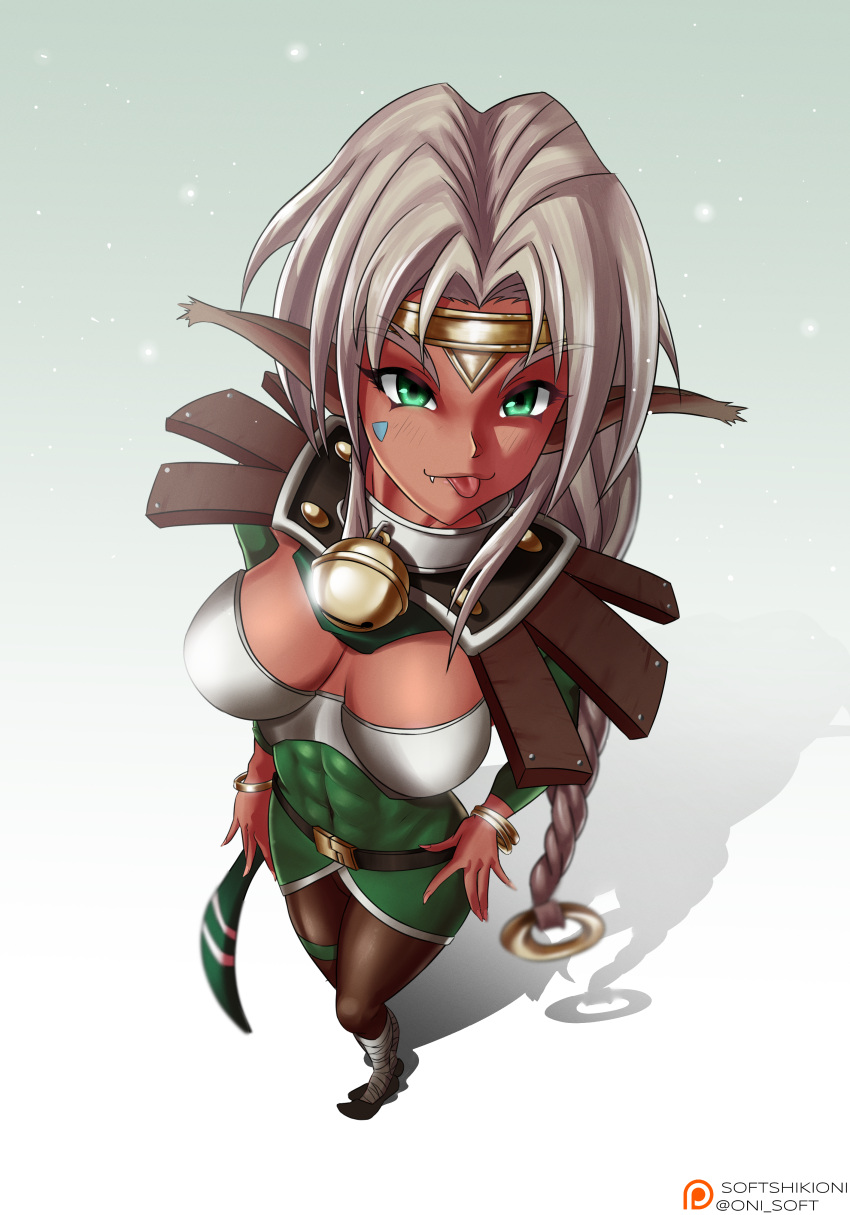 abs absurdres aisha_clanclan animal_ears bell black_pantyhose braid breasts cat_ears circlet dark-skinned_female dark_skin fang_out female from_above green_eyes highres long_braid long_hair medium_breasts muscular muscular_female neck_bell oerba_yun_fang outlaw_star pantyhose single_braid softshikioni solo standing tongue tongue_out very_long_hair