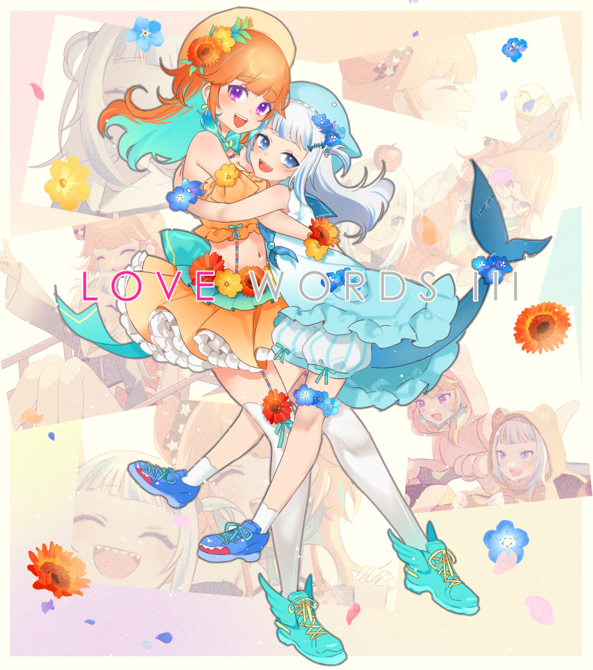 2girls :d absurdres ai_kotoba_iii_(vocaloid) album_cover alternate_costume aqua_footwear aqua_hair aqua_ribbon bare_shoulders blue_dress blue_eyes blue_flower blue_footwear blue_headwear border cover dress english_text fish_tail flower gawr_gura grey_hair hair_flower hair_ornament highres hololive hololive_english hug midriff multiple_girls navel open_mouth orange_flower orange_hair orange_shirt orange_skirt photo_(object) puffy_shorts purple_eyes ribbon shark_tail sharp_teeth shirt shoes shorts skirt smile socks tail takanashi_kiara teeth thighhighs virtual_youtuber white_border white_socks white_thighhighs yunare