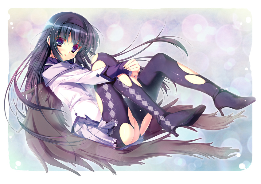 akemi_homura akemi_homura_(magical_girl) argyle_clothes argyle_legwear black_hair black_wings blush boots commentary_request female futaori_arisa hairband hugging_own_legs long_hair magical_girl mahou_shoujo_madoka_magica mahou_shoujo_madoka_magica_(anime) md5_mismatch pantyhose purple_eyes solo torn_clothes torn_pantyhose very_long_hair wings