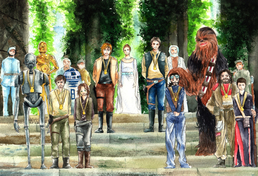 alternate_universe baze beard bodhi_rook c-3po cassian_andor chewbacca chirrut_imwe coat commentary_request droid egoist-dream everyone facial_hair good_end grass han_solo hat helmet highres jyn_erso k-2so looking_at_viewer luke_skywalker medal military military_uniform old princess_leia_organa_solo r2-d2 rebel_alliance robot rogue_one:_a_star_wars_story science_fiction soldier spoilers staff star_wars star_wars:_a_new_hope temple uniform victory