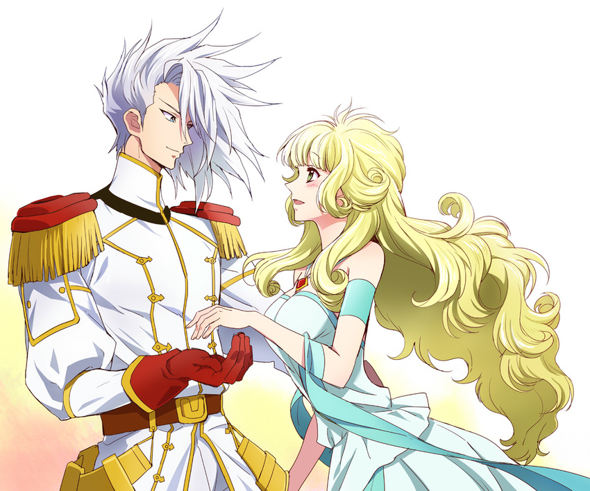 1boy bad_id bad_pixiv_id blonde_hair blue_eyes blush chikariya couple dress emilia_(ixion_saga_dt) epaulettes erecpyle_dukakis female gloves green_eyes ixion_saga ixion_saga_dt long_hair silver_hair smile straight uniform