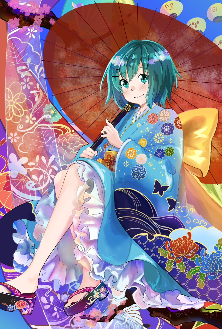 bad_id bad_pixiv_id bare_legs blue_kimono bow branch closed_mouth coppelion female floral_print fukasaku_aoi green_eyes green_hair hair_ornament hairclip hand_fan highres holding holding_umbrella japanese_clothes kimono looking_at_viewer oil-paper_umbrella okobo radiation_symbol sandals short_hair sitting smile solo umbrella ushinoashi yellow_bow