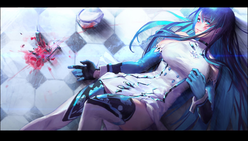 black_hair blood blood_on_face blue_eyes blue_gloves blue_hair breasts broken_glass commentary_request eilietta_lash female from_above glass gloves hat highres knee_up large_breasts letterboxed long_hair lying melonplus multicolored_hair on_back photoshop_(medium) solo syringe thighhighs thighs tile_floor tiles two-tone_hair unworn_hat unworn_headwear very_long_hair zenonzard