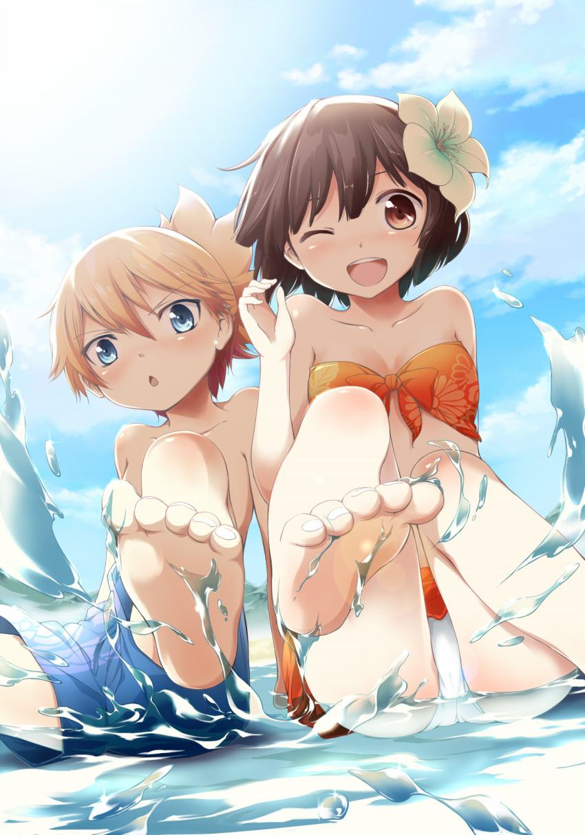 1boy :< :d bare_shoulders barefoot beach bikini blonde_hair blue_eyes blue_sky brown_eyes brown_hair character_request cloud collarbone commentary_request day feet female flower foot_focus front-tie_top fuyutarou hair_flower hair_ornament high_ponytail highres lens_flare looking_at_viewer male_swimwear mountain one_eye_closed open_mouth outdoors panties pantyshot print_bikini sand shinsengumi_hitou_wolf_x_wolves short_hair short_ponytail shorts side-tie_skirt sitting sky smile soles splashing swim_trunks swimsuit toenails toes topless_male tsurime underwear water