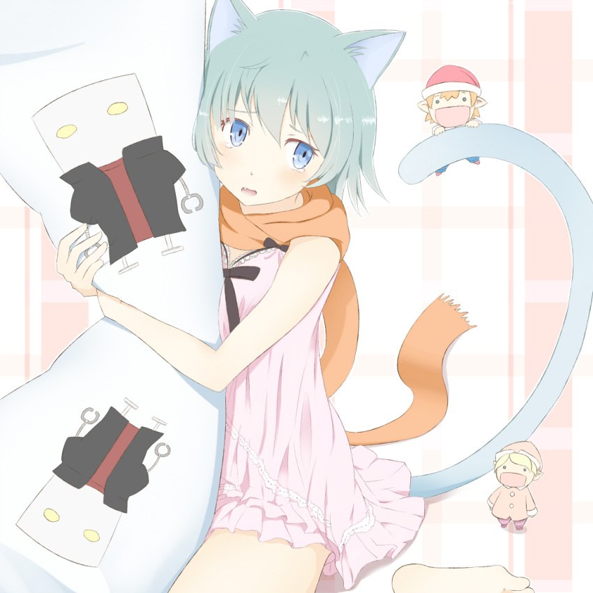 2boys animal_ears blue_eyes blue_hair cat_ears chemise commentary dakimakura_(object) fairy_(jintai) female hugging_object jinrui_wa_suitai_shimashita mechazawa_shin'ichi multiple_boys open_mouth orange_scarf peanuts_(ennuim) pillow pillow_hug pion_(jintai) sakigake!!_cromartie_koukou scarf tail tears