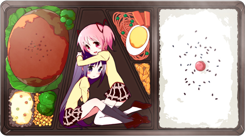 2girls akemi_homura bad_id bad_pixiv_id ben-tou bento black_socks blush burger egg food hairband in_container in_food kaname_madoka kneehighs lettuce mahou_shoujo_madoka_magica mahou_shoujo_madoka_magica_(anime) muhogame multiple_girls rice skirt socks thighhighs twintails voice_actor_connection white_legwear yuuki_aoi