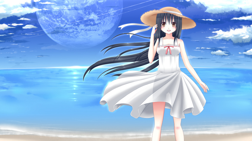 beach black_hair blush cloud collarbone commentary_request day dress female hanazome_dotera hat highres long_hair open_mouth original outdoors planet sky solo standing sun_hat sundress very_long_hair yellow_eyes