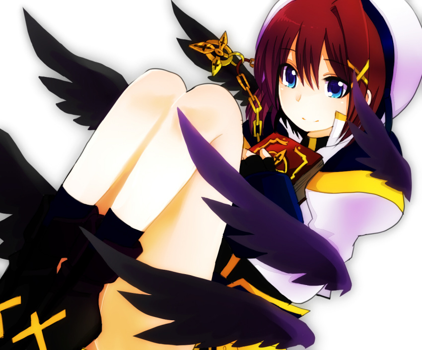 black_wings blue_eyes blush boots brown_hair commentary_request female fingerless_gloves gloves hair_ornament hat jewelry lyrical_nanoha magical_girl mahou_shoujo_lyrical_nanoha mahou_shoujo_lyrical_nanoha_a's mikaze necklace schwertkreuz short_hair smile socks solo tome_of_the_night_sky white_background wings x_hair_ornament yagami_hayate