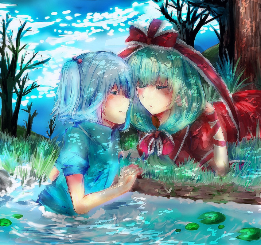 2girls bad_id bad_pixiv_id blue_hair blush bow closed_eyes cloud day faux_traditional_media frills front_ponytail grass green_hair hair_ribbon hairbow ikeuchi_tanuma imminent_kiss kagiyama_hina kawashiro_nitori lily_pad multiple_girls nature no_headwear partially_submerged plant ribbon short_twintails smile touhou tree twintails two_side_up water yuri