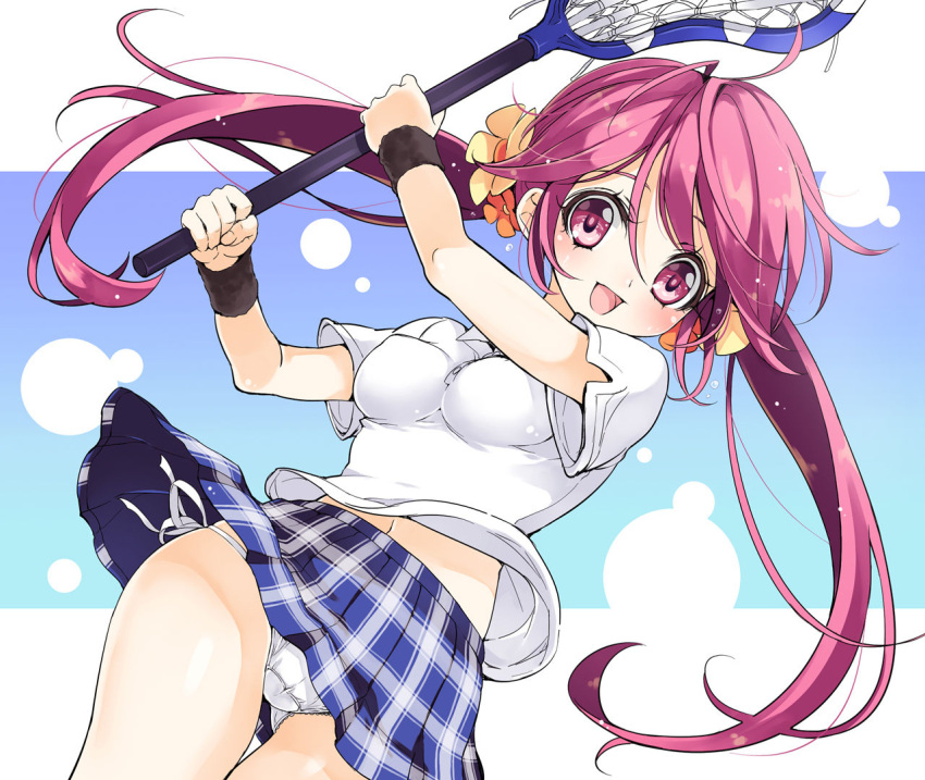 :d armband bad_link blue_skirt blush breasts cameltoe copyright_request female lacrosse lacrosse_stick looking_at_viewer medium_breasts midriff open_mouth panties pantyshot pink_eyes pink_hair plaid plaid_skirt side-tie_panties simple_background skirt smile solo standing tareme thigh_gap underwear yukiwo