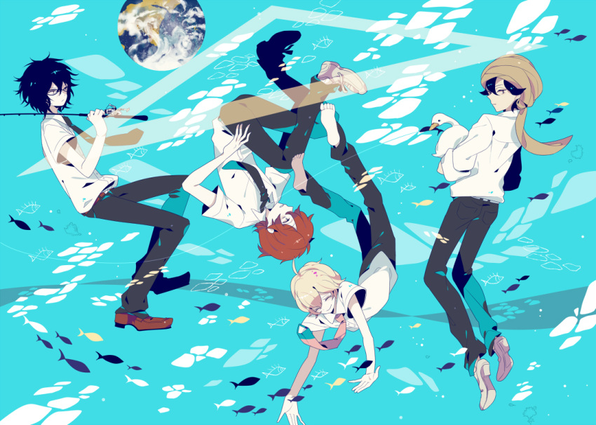 4boys akira_agarkar_yamada bad_id bad_pixiv_id bird black_hair blonde_hair duck fish glasses haru_(tsuritama) male_focus multiple_boys necktie open_mouth sanada_yuki school_uniform shikimi_(yurakuru) tapioka tsuritama turban underwater usami_natsuki water