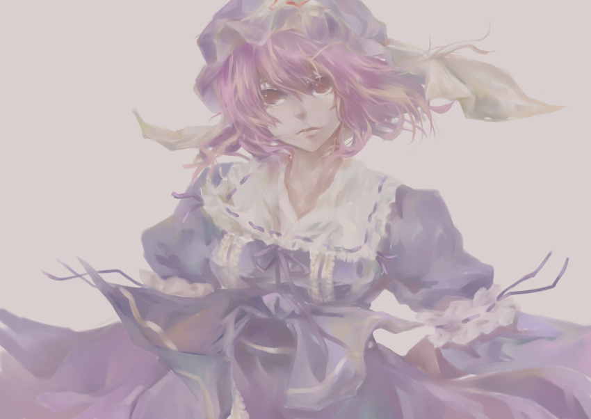 absurdres bad_id bad_pixiv_id female floating_hair hat highres juliet_sleeves lips long_sleeves nie1121 pale_color puffy_sleeves purple_background purple_theme red_eyes saigyouji_yuyuko short_hair simple_background solo touhou veil