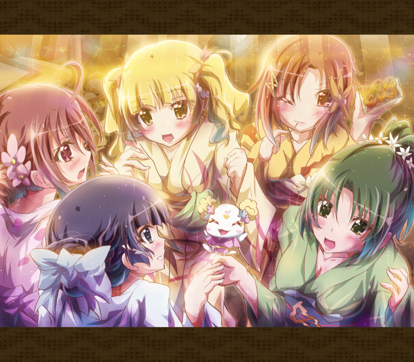 5girls alternate_hairstyle aoki_reika blonde_hair blue_eyes blue_kimono blush bow candy_(smile_precure!) commentary_request flower green_hair green_kimono hair_down hair_flower hair_ornament hairbow hairclip highres hino_akane_(smile_precure!) hoshizora_miyuki inoshishi_(ikatomo) japanese_clothes kimono letterboxed midorikawa_nao multiple_girls one_eye_closed orange_kimono pink_kimono precure print_kimono purple_hair red_eyes red_hair short_hair smile_precure twintails yayoi_kise yellow_eyes yellow_kimono yukata