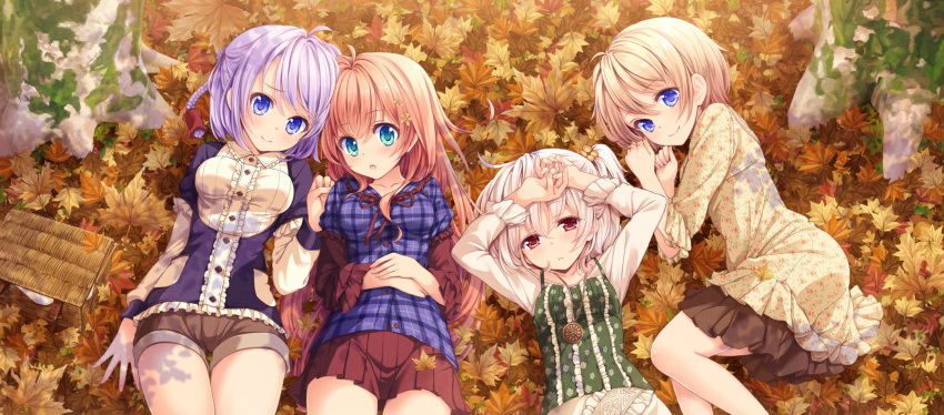 4girls arms_up autumn_leaves basket blonde_hair blue_eyes blush braid brown_hair colette_ehl commentary_request cover_image dress floral_print hair_ornament highres jewelry komorebi_no_kuni leaf long_hair looking_at_viewer looking_up lulu_(komorebi_no_kuni) lying maple_leaf moss multiple_girls official_art on_back open_mouth outdoors pendant plaid plaid_shirt purple_hair red_eyes remm_winslet shirt short_hair shorts silver_hair skirt smile tokunou_shoutarou tree