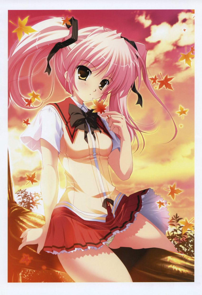 absurdres brown_eyes choukou_sennin_haruka clothes_lift female green_panties highres holding leaf legs maple_leaf mikeou panties pantyshot pink_hair sitting skirt skirt_lift striped_clothes striped_panties sunset twintails underwear