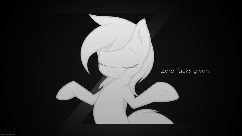 16:9 black_and_white closed_eyes derplight derpy_hooves dialogue english_text equid equine female feral friendship_is_magic gesture hasbro hi_res horse joey-darkmeat mammal monochrome my_little_pony pony shrug smile smirk solo text widescreen zero_fucks_given