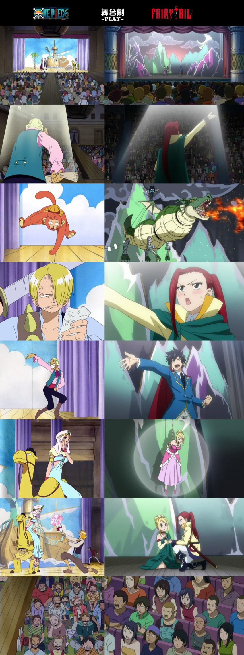 audience compare costume fairy_tail laughing monkey_costume monkey_d_luffy nami one_piece sanji shengfucomics stage tony_tony_chopper usopp