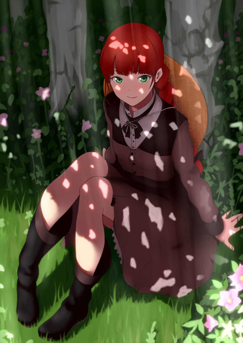 absurdres animification anne_of_green_gables anne_shirley arm_support bad_id bad_pixiv_id blush braid dappled_sunlight dress female freckles green_eyes hat highres long_hair looking_at_viewer onsen_nakaya outdoors red_hair sitting smile solo sunlight tree_shade