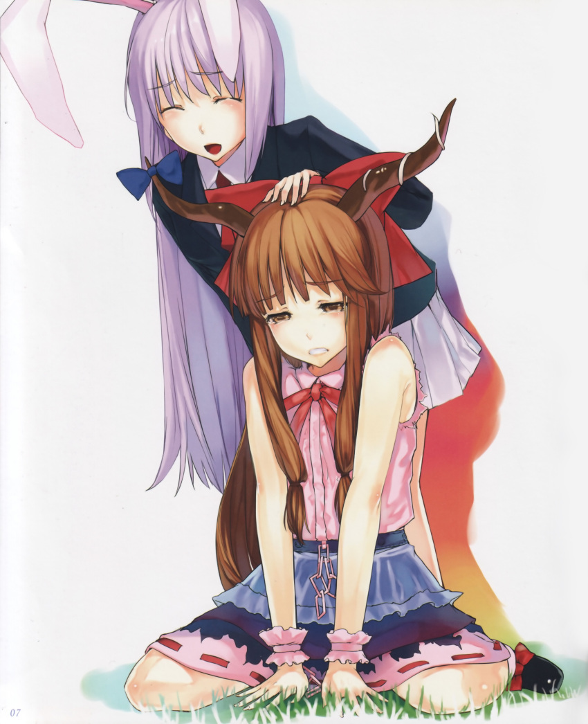 2girls :d ^_^ absurdres animal_ears blush brown_eyes brown_hair closed_eyes grass hand_on_another's_head highres horns ibuki_suika ken-1 multiple_girls necktie non-web_source open_mouth photoshop_(medium) purple_hair rabbit_ears reisen_udongein_inaba scan sitting skirt smile tears touhou wariza wrist_cuffs