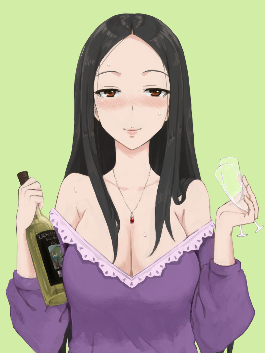 bad_id bad_pixiv_id bare_shoulders black_hair blush bottle breasts brown_eyes cleavage dress drunk female glass gomu_(chewinggom) highres hiiragi_shino idolmaster idolmaster_cinderella_girls jewelry large_breasts long_hair necklace smile solo sweat