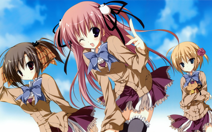 3girls :< ;d bad_link blonde_hair blue_eyes brown_hair carrying day ebiten_(manga) feline hanamori_hakata highres hiromatsu_rikei inugami_kira multiple_girls one_eye_closed open_mouth pink_hair purple_eyes red_eyes school_uniform sky smile thighhighs todayama_kyouko