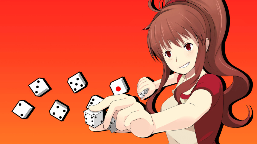 brown_hair commentary_request dice enoki_p female hidaka_mai highres idolmaster idolmaster_dearly_stars long_hair orange_background ponytail red_eyes solo