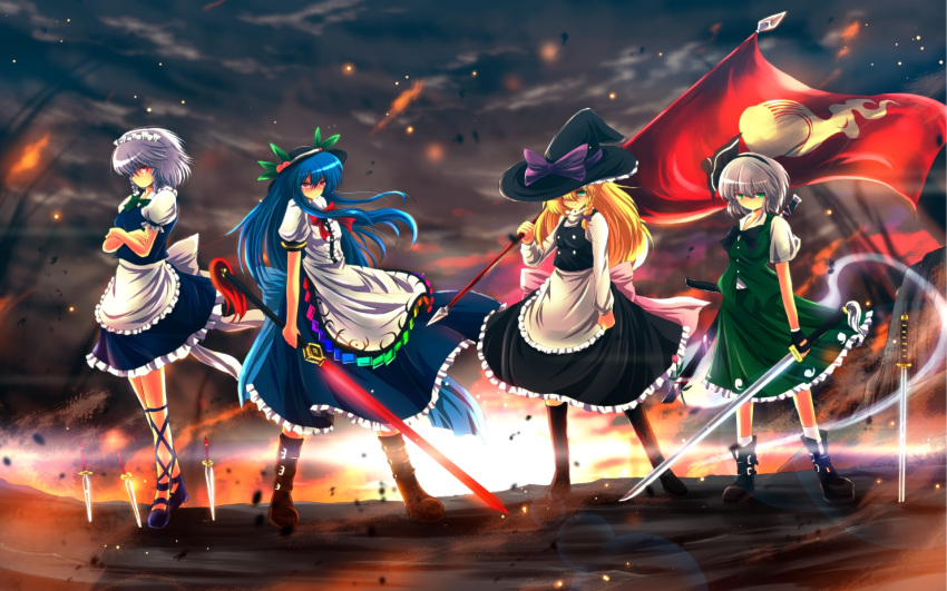 4girls apron blonde_hair blue_hair braid commentary_request crossed_arms fingerless_gloves flag food fruit gloves green_eyes grey_hair hair_ribbon hairband hat highres hinanawi_tenshi hitodama izayoi_sakuya kirisame_marisa knife konpaku_youmu konpaku_youmu_(ghost) leaf long_hair maid maid_headdress multiple_girls nekominase peach puffy_sleeves red_eyes ribbon short_hair short_sleeves side_braid single_braid standing sword sword_of_hisou touhou twin_braids weapon witch_hat